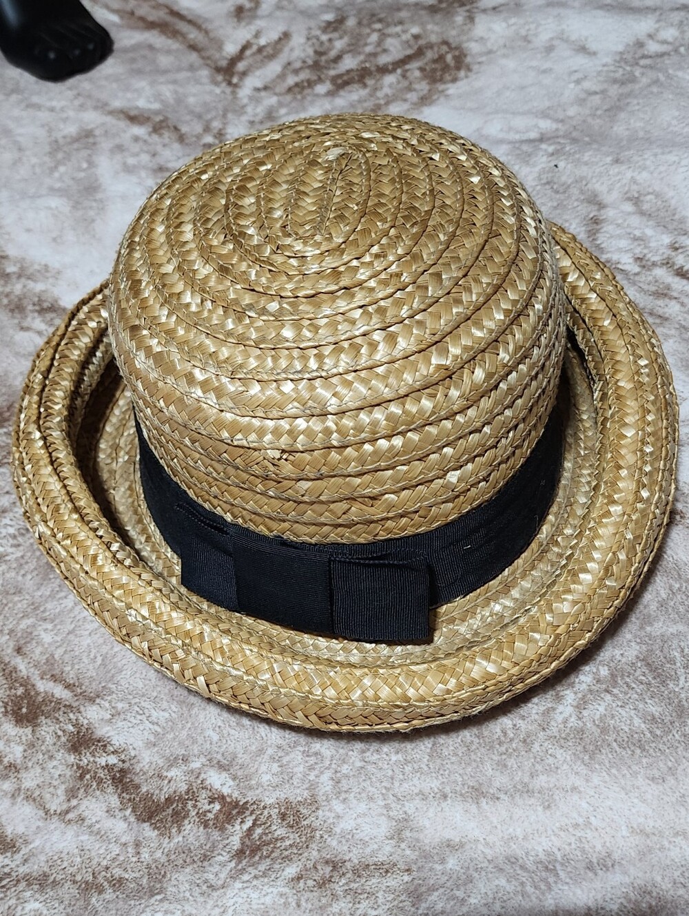 VINTAGE 80’s Straw Boater Hat Black Ribbon Cottage Chic French Riviera Style - Picture 4 of 8